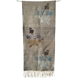 V. Fraas Gray Floral Scarf Tan Fringe Cashmere Feel Cashmink Neckerchief 12"x52"